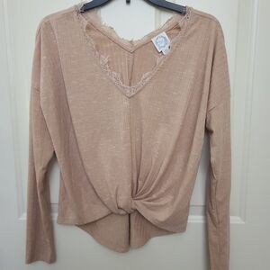 Blue Rain Tan V-Neck Blouse with Twist Detail
